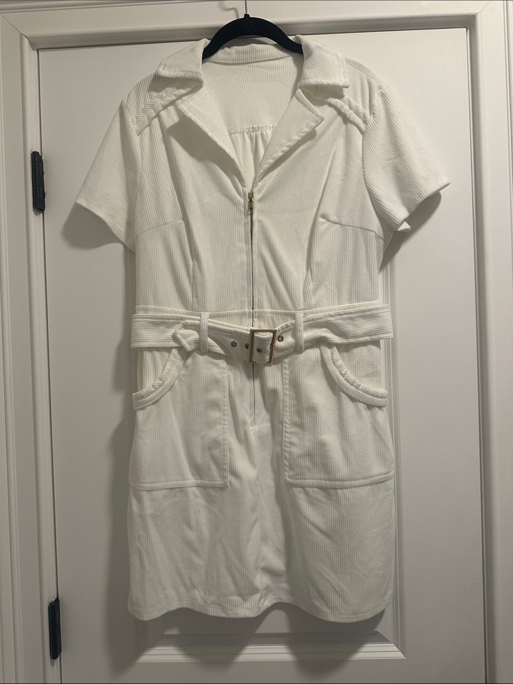 White Short-Sleeve Belted Zip Front Corduroy Dress